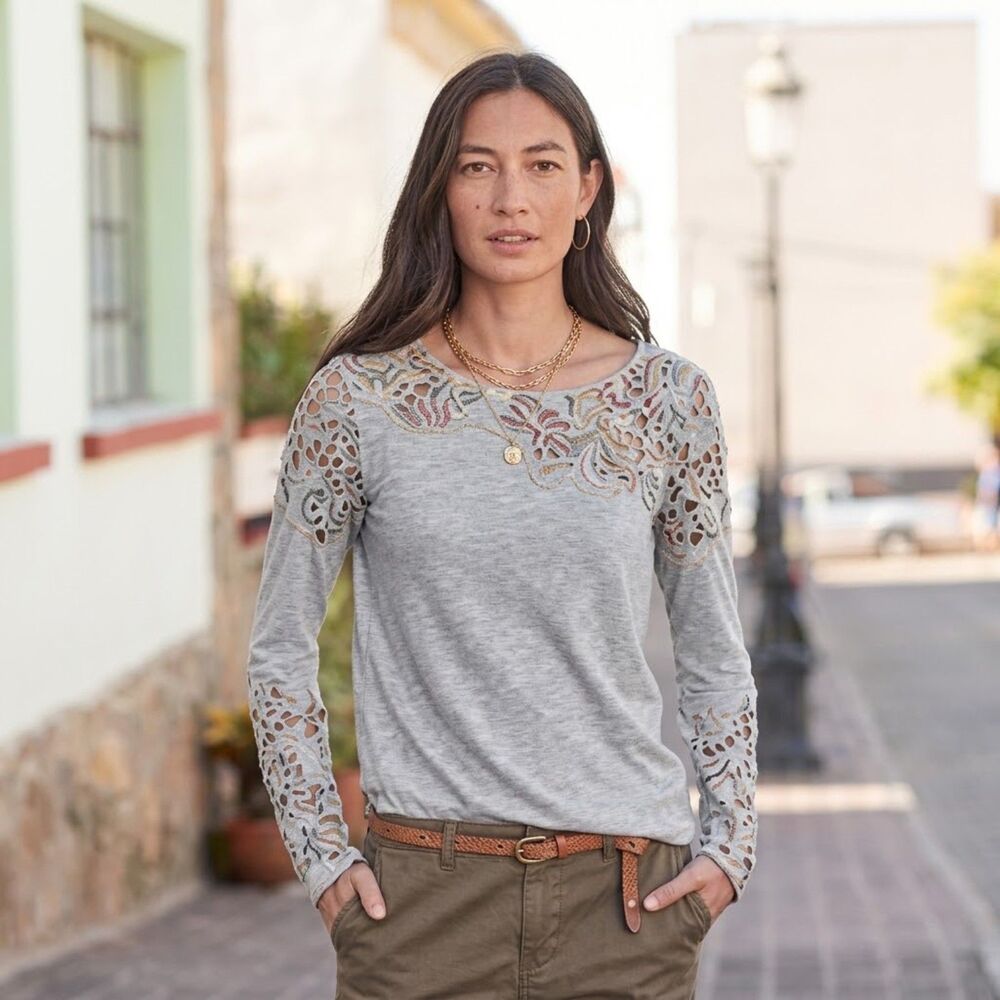 Sundance Lovelier Days Heather Grey Crochet Lace Detailing Long Sleeves Large - Picture 9 of 9